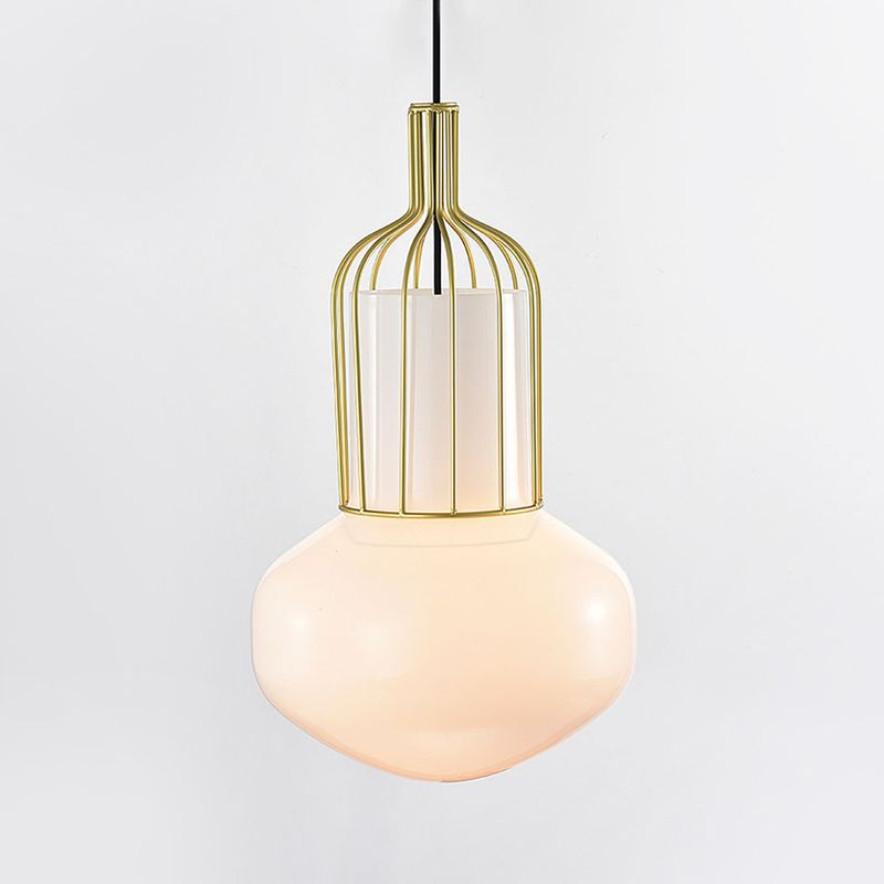 Gold Schoolhouse Pendant Light Fixture Modernist 1 Bulb White Glass Ceiling Lamp with Cage
