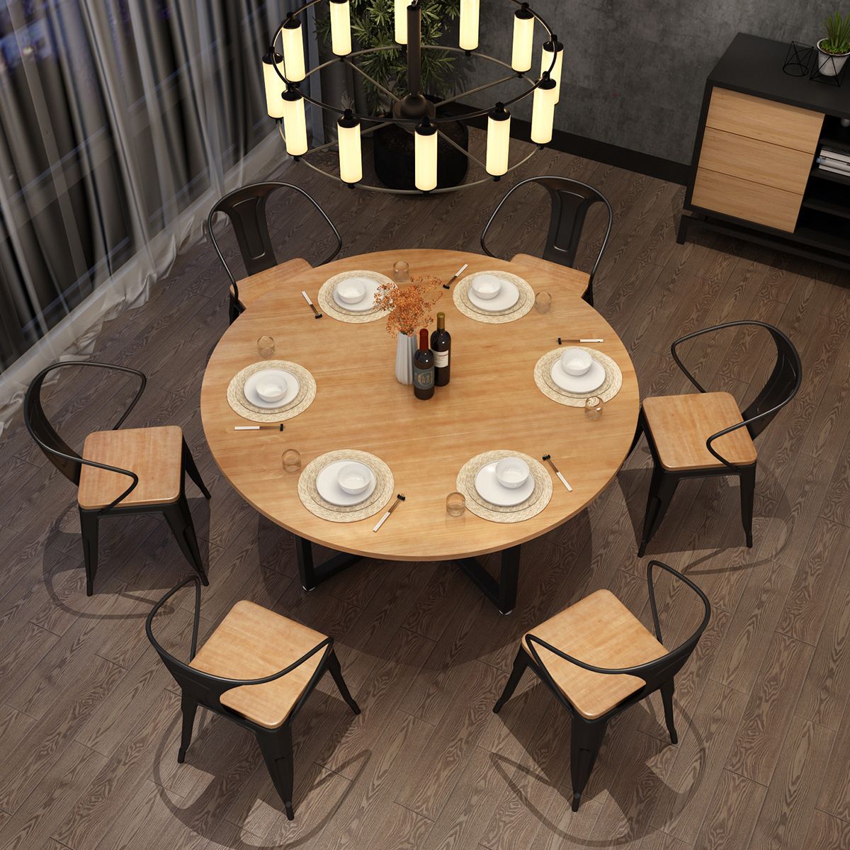 Metal Modern Round Indoor Table Pine Wood Top Table for Dining Room