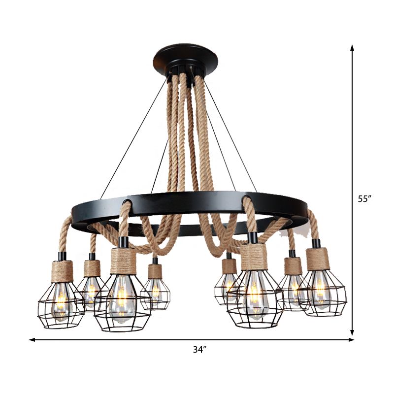 Globe Metal and Rope Chandelier Lighting Rustic 6/8 Light Dining Room Pendant Lighting in Black with Ring