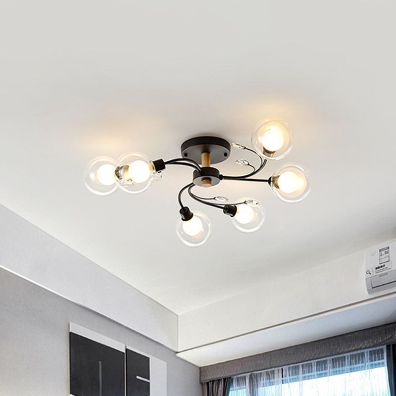 Clear Glass Ball Semi Flush Lamp Contemporary 6-Light Black/Gold Close to Ceiling Lighting