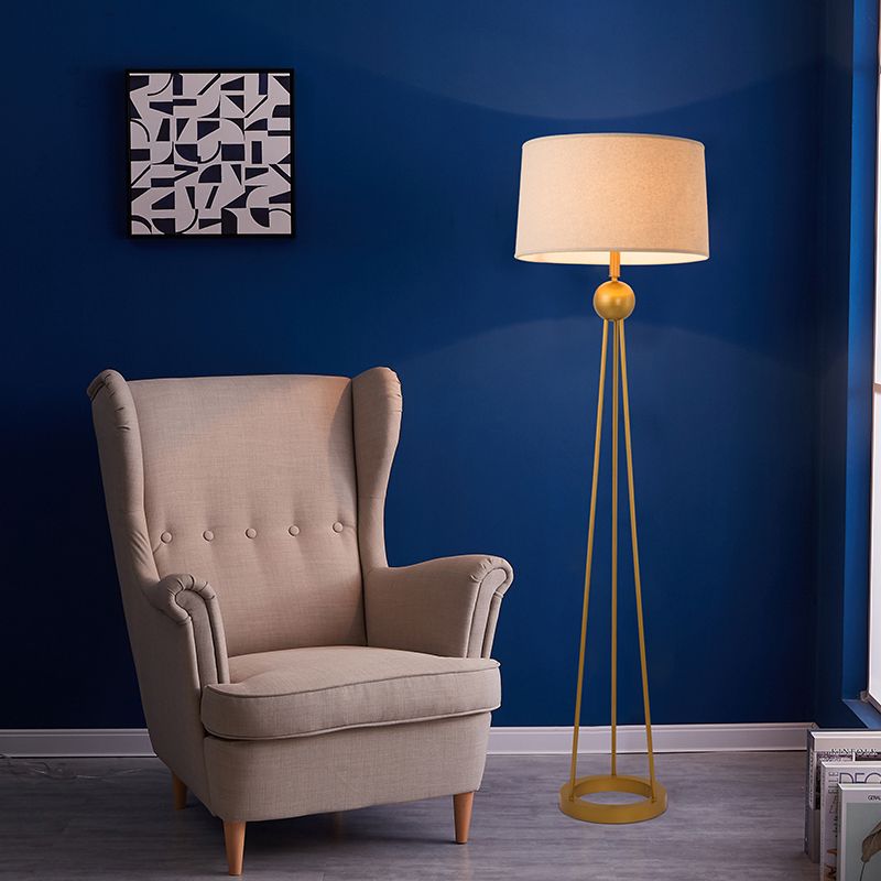 Lámpara de pie de estar de 1 luces Modernista White/Negro/Lámpara de piso de trípode de lino con sombra de tela de tambor