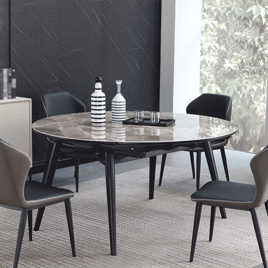 Modern Style Sintered Stone Dining Table Gray Round Drop-Leaf Table with 4 Legs