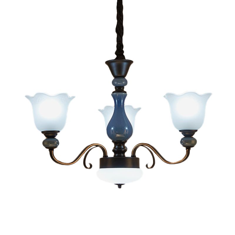 Blue Floral Shape Hanging Chandelier Countryside Milk Glass 3 Bulbs Dining Room Pendant Light Kit with Swirled Arm