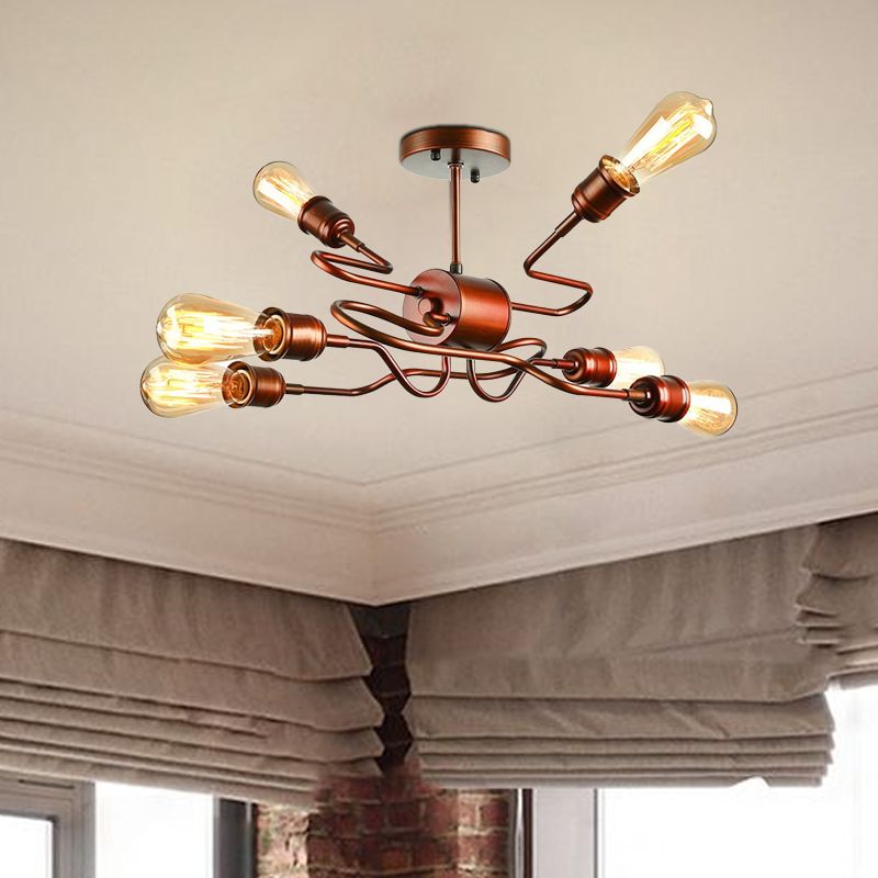Plafonnier en fer à bras torsadé, style ferme, 6 lumières, éclairage semi-encastré pour salon, en cuivre