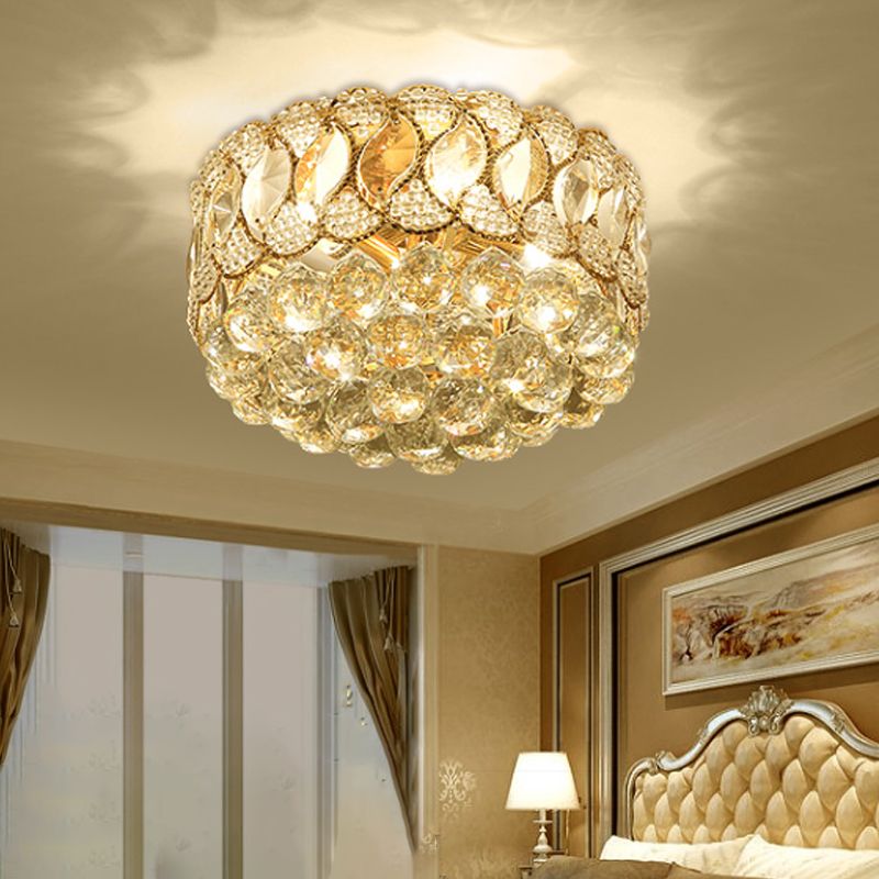 Drum Shade Crystal Orb Flush Mount Lamp Rustic 3-Head Bedroom Ceiling Light Fixture in Gold