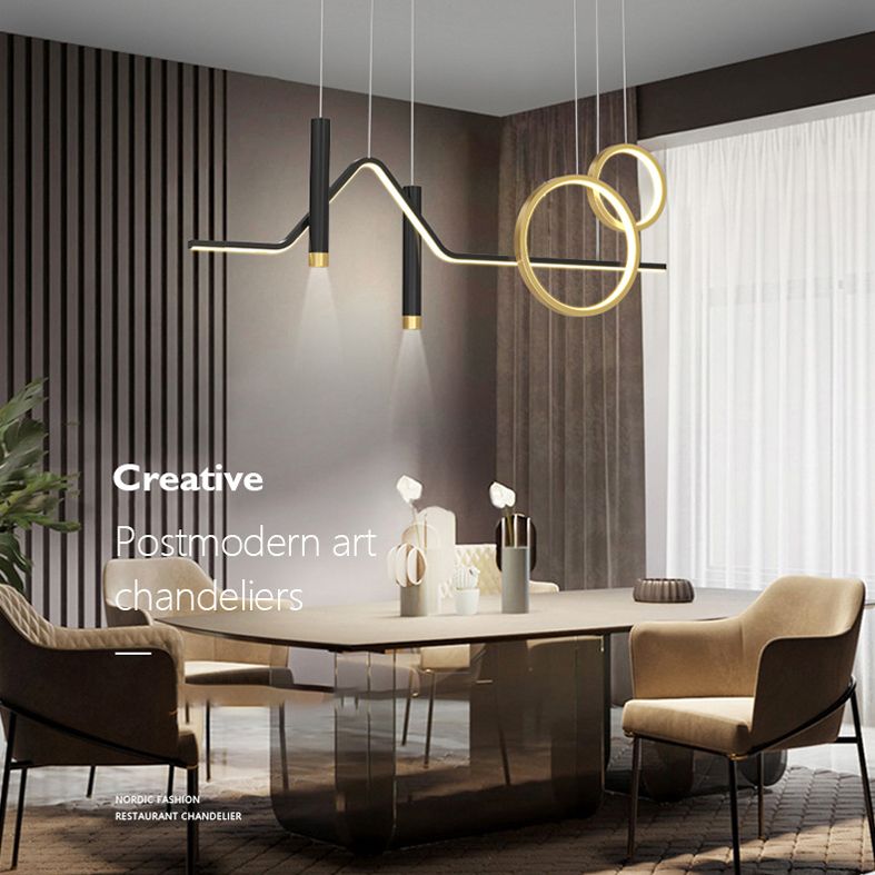 Isola di sospensione lineare contemporanea Light Metal Led Room Isola lampadario in oro-nero