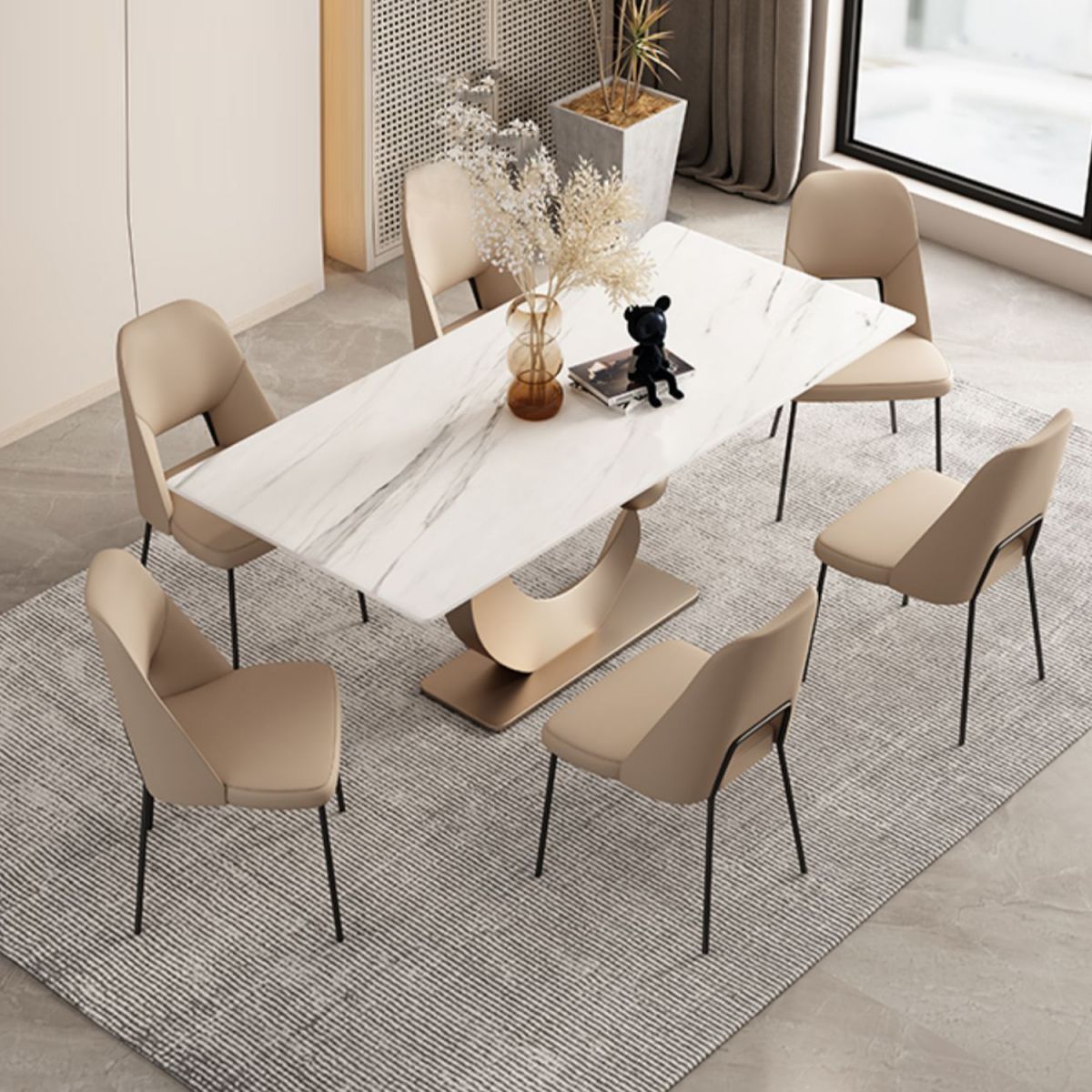Nordic 1/3/4/6/7 Pieces Dining Set Sintered Stone Rectangle Table with Leather Chairs