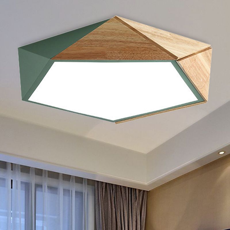 Pentagon-Deckenleuchte für Arbeitszimmer, Acryl und Holz, Macron-Stil, 16,5"/20,5" breite LED-Deckenleuchte in Grün/Rosa/Gelb