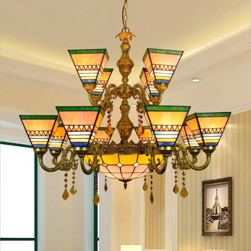 Lampadario industriale Vintage piramide colorato in vetro 12 braccia invertite con ciotola centrale