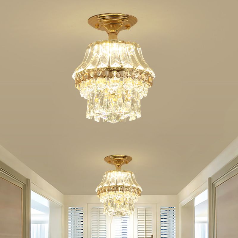 Rectangle-Cut Crystal Tiered Semi Flush Contemporary LED Ceiling Mount Light Fixture in Gold