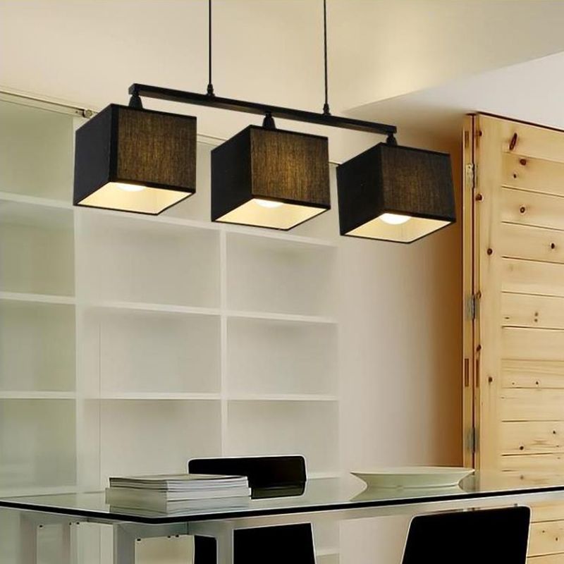 Black Cubic Island Chandelier Light Contemporary 3 Heads Fabric Hanging Light Kit