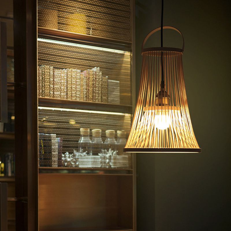 Bamboo Trumpet Shade Hanging Light Asian Style 1 Bulbe Bulbe Bégeau de plafond Plafond avec poignée arquée