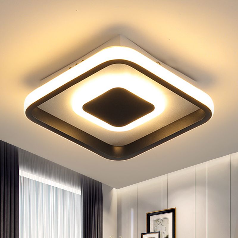 Black Round/Square Frame Mini Ceiling Lamp Minimal LED Metallic Flush Lighting in Warm/White/3 Color Light