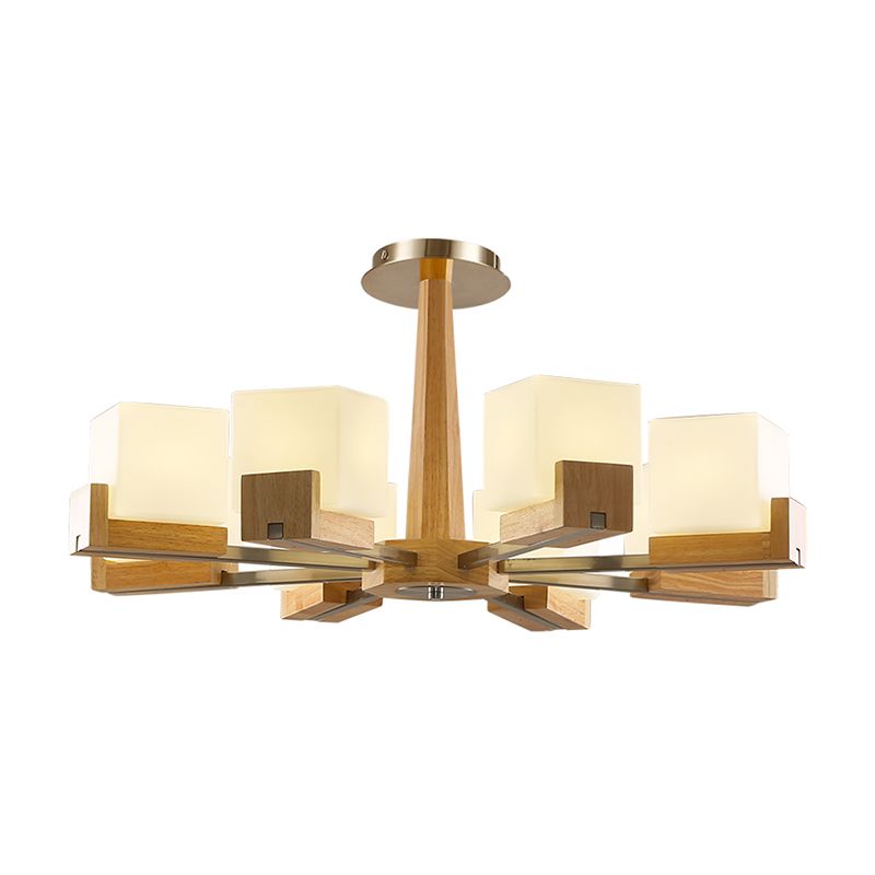 Frosted White Glass Cube Chandelier Modern Wood Ceiling Suspension Lamp for Living Room