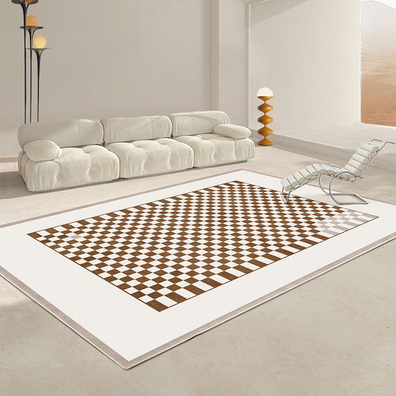 Brown Square Grid Rug Blended Modern Rug Washable Rug for Living Room