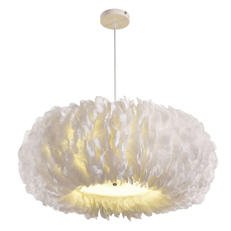 Circle Feather Chandelier Pendant Light Minimal Hanging Light Fixture for Bedroom