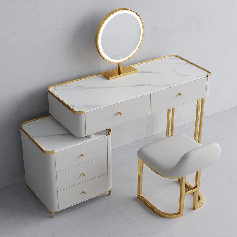 15.74" Wide Glass Vanity Desk with 5 Storage Drawers Cream Wood Vanity Set for Bedroom