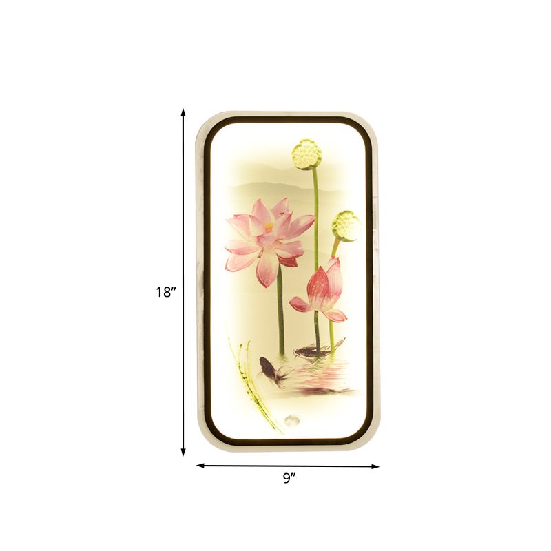 Chinese Lotus Pond Mural Light Fabric Sitting Room LED Wall Mounted Light Fixture in Black