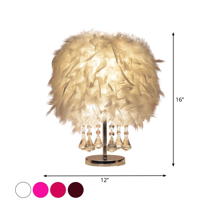 Modernist Cylinder Night Light Feather Single Bedroom Table Lamp in Pink/Peach Red/White with Crystal Strand