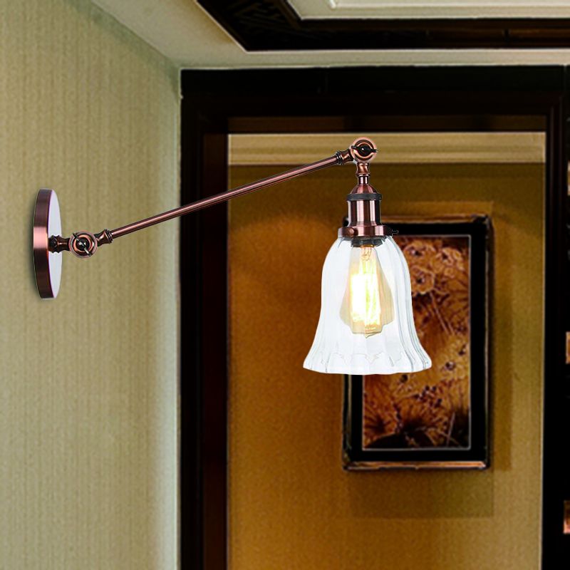 Black/Bronze/Brass 1 Light Wall Lighting Fixture Vintage Clear Glass Bell Sconce with Arm, 8"/12" Long