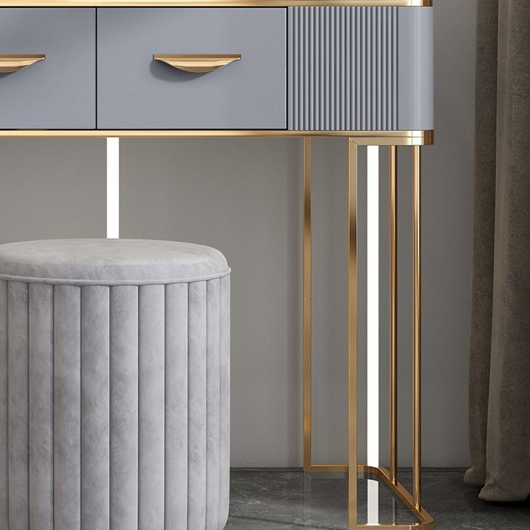 Solid Wood Drawers Vanity Set with Stone Top & Padded Stool in Grey