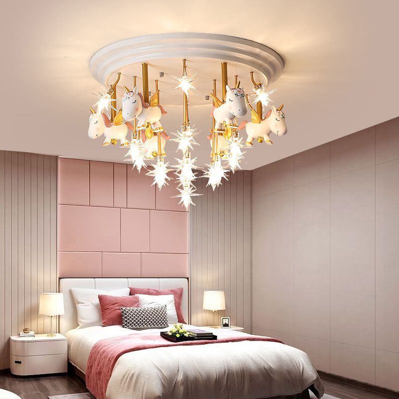Resin Unicorn LED Semi Flush Nursery Flush Ceiling Light Fixture with Clear Glass Shade
