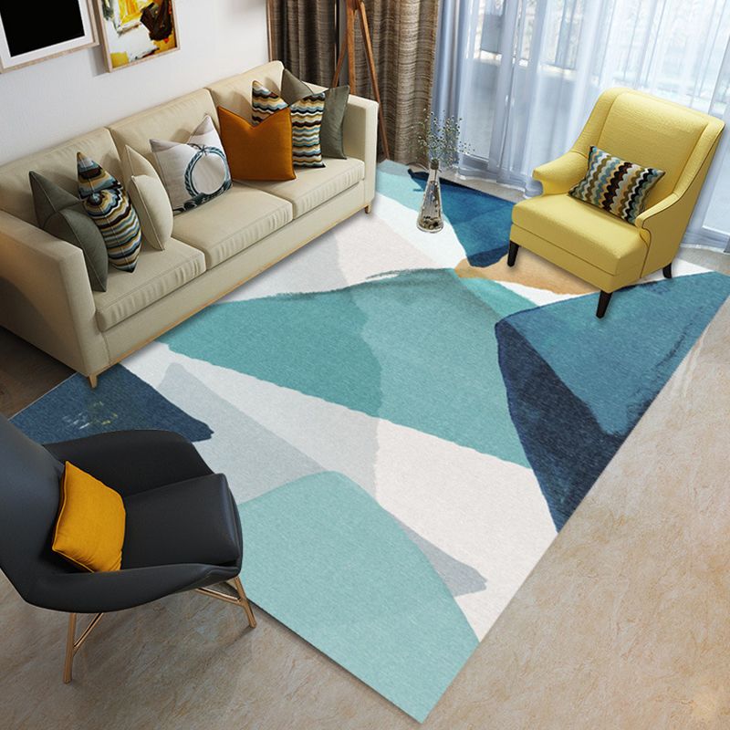 Nordic Modern Rug in Ivory and Blue Color Block Irregular Shape Pattern Rug Polyester Washable Carpet for Home Decor