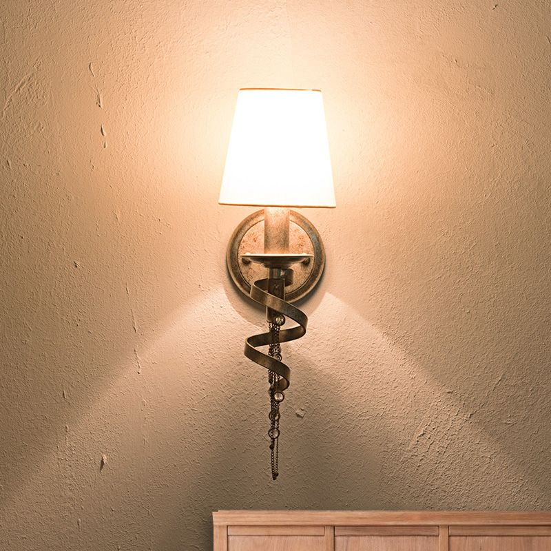 Tapered Bedroom Wall Mount Light Traditional Fabric 1 Head Wall Lighting Fixture with Crystal Draping in Nickle