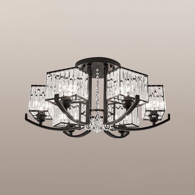 Black Rectangle Ceiling Light Fixture Modern K9 Crystal Living Room Semi Flush Mount Lamp