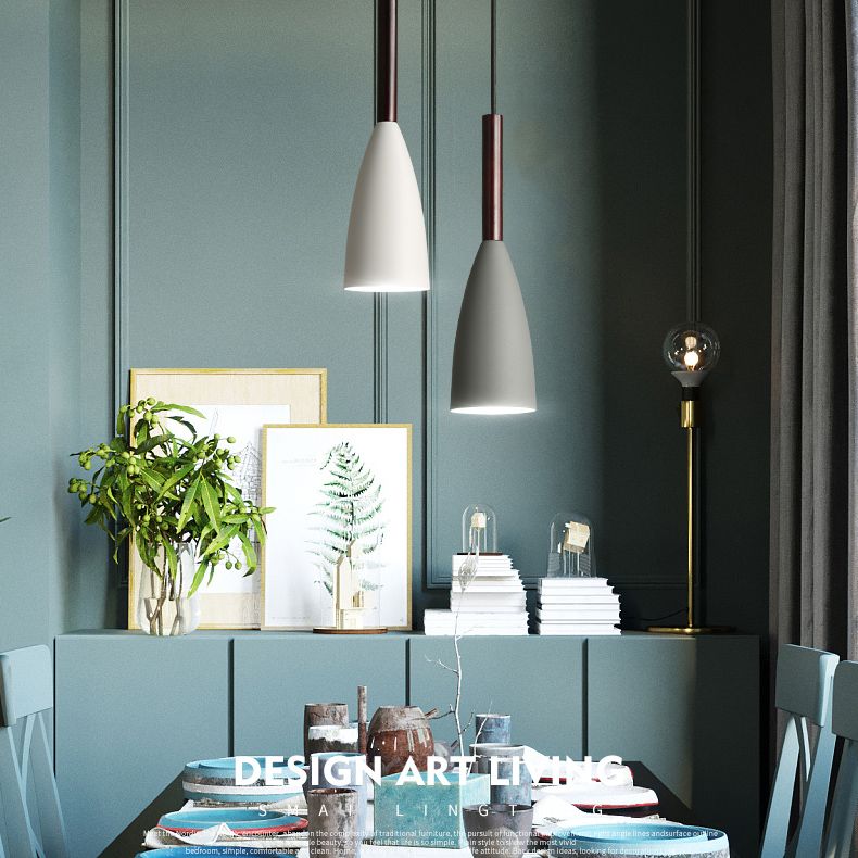 Modern Concise Macaron Pendant Light Wooden Cone Hanging Lamp with Wrought Iron Shade