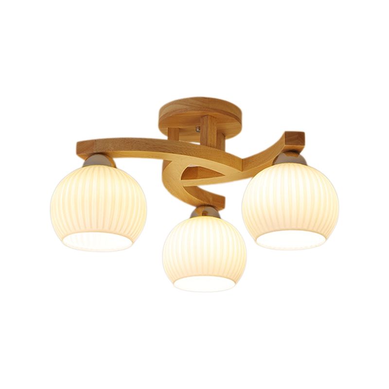 Modern Style Ceiling Mount Light Wooden Spherical with Glass Shade for Bedroom