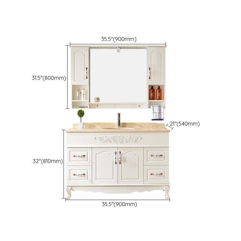 Wood Frame Bathroom Vanity White Freestanding Mirror Drawers Rectangle Vanity with 2 Doors