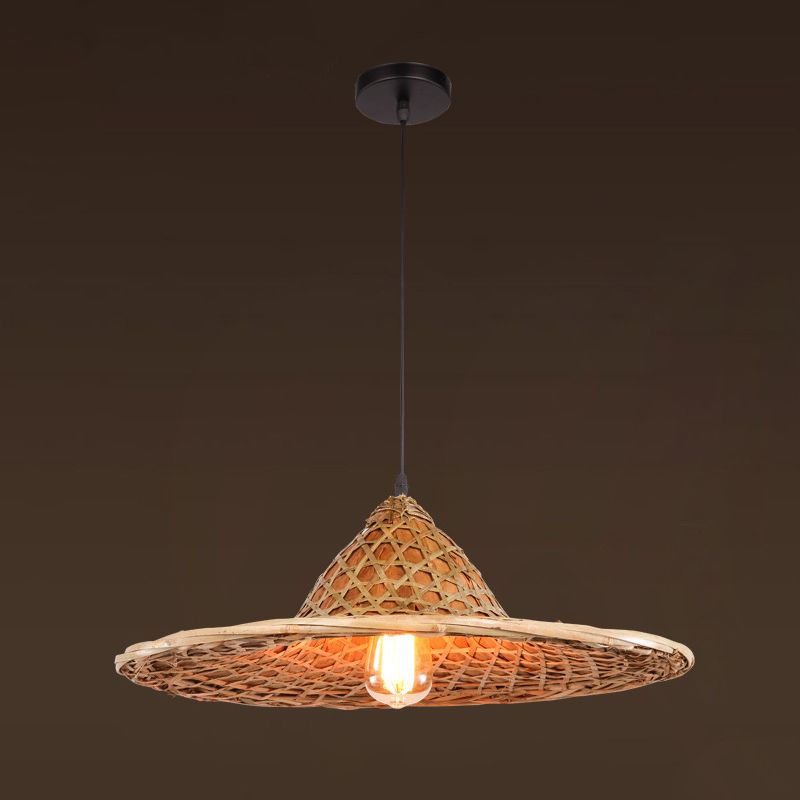 Asian Inspired Farmers Hat Pendant Bamboo Woven 1 Head Diner Ceiling Lamp in Wood