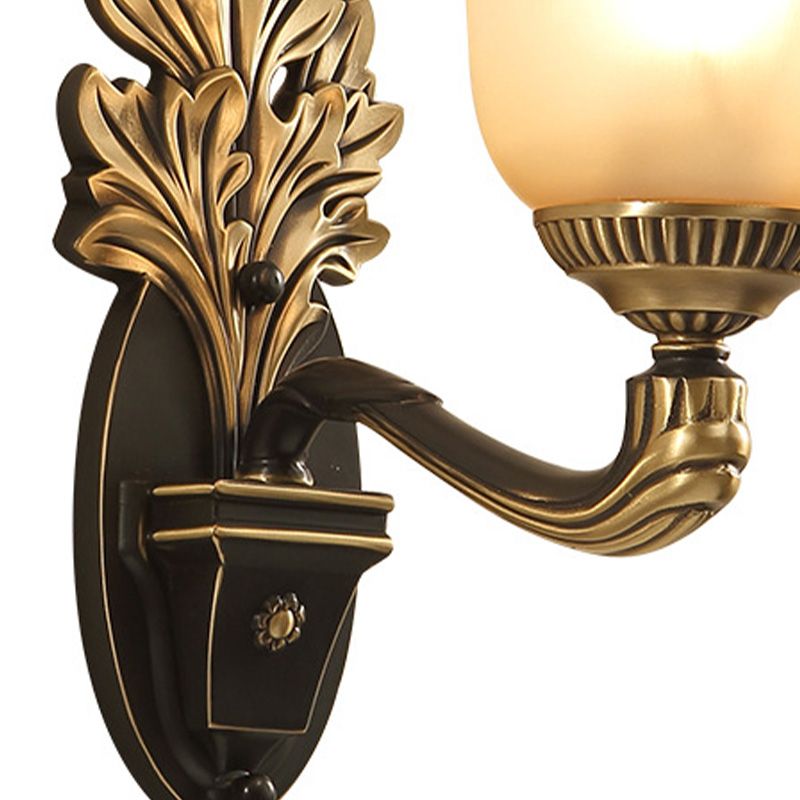 Bell Bedroom Approche luminaire Verre givrée rustique 1/2 Light Black-Gold Wall Lampe avec bras sculpté