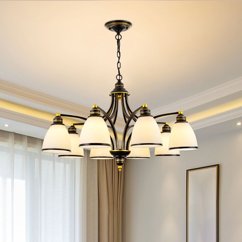 American Style Hanging Chandelier White Glass Shade Chandelier Light Fixture in Black