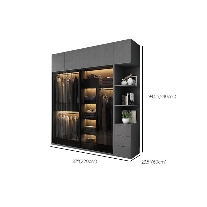 Glass and Wood Wardrobe Cabinet with Drawer Grey Wardrobe Closet