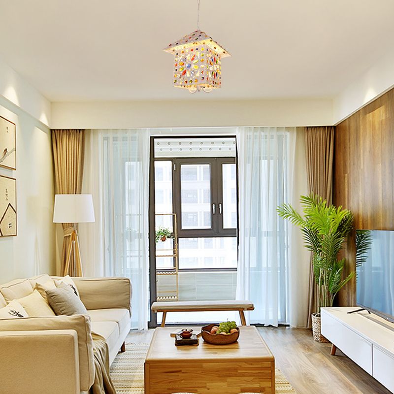 Bohemia House Shade Chandelier Hanging Light Metal 3 Lights Pendant Lamp with Crystal Gem in White Finish