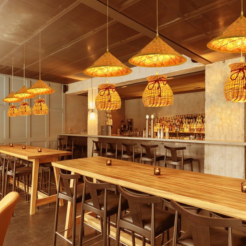 Bamboo Cone Suspension Pendant Traditional 1 Head Wood Hanging Ceiling Light with Basket