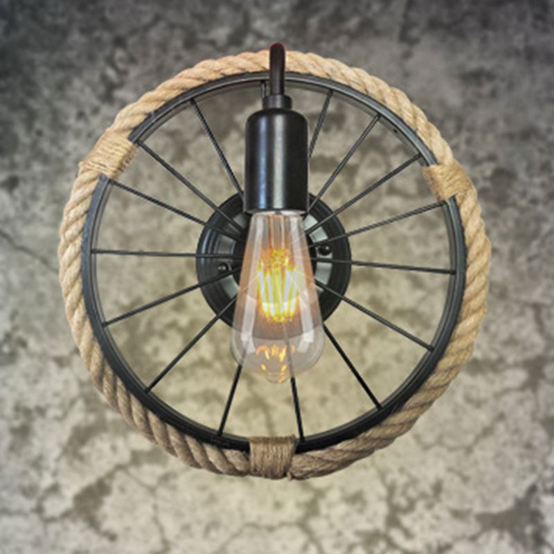 1 Light Open Bulb Sconce Lamp Industrial Black Rope Wall Mounted Light with Wheel Shape
