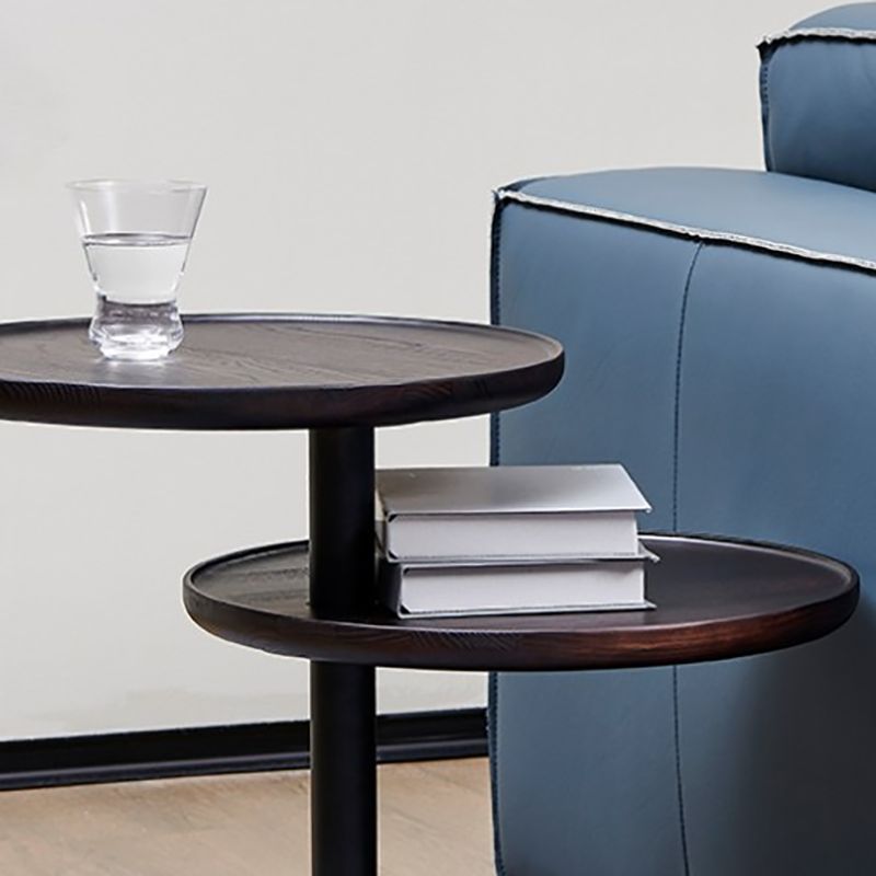Modernistic Living Room Double Tier Round with Storage Pedestal Wood Side Table