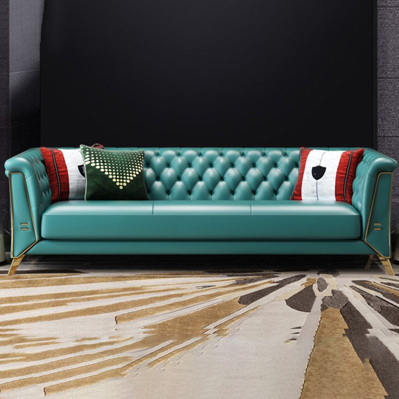 Contemporary Tufted Back Chesterfield Settee Genuine Leather Rolled Arm Sofa