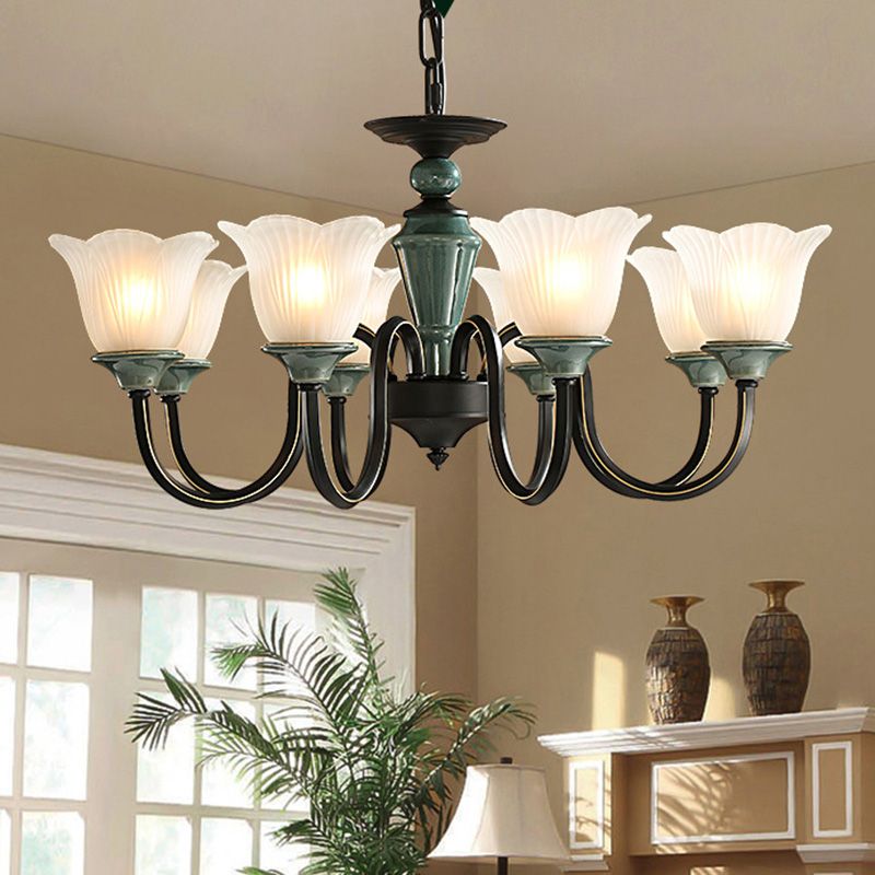 Blackish Green Floral Suspension Light Rustic Frosted Glass Living Room Chandelier Light with Curved Arm