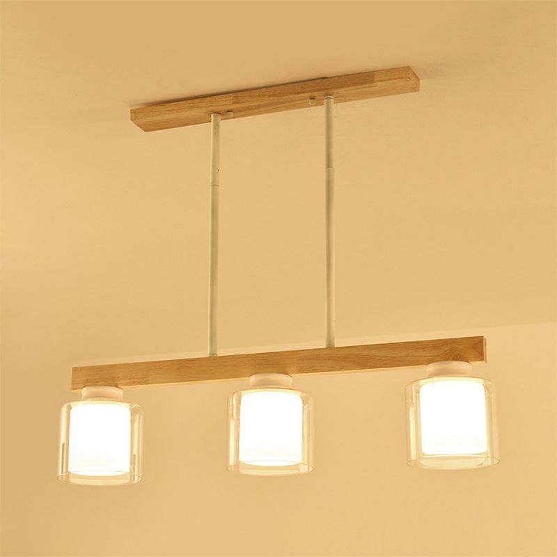 Double Glass Cylinder Shade Island Lighting Restaurant 3/4-Head Nordic Wooden Linear Pendant in White