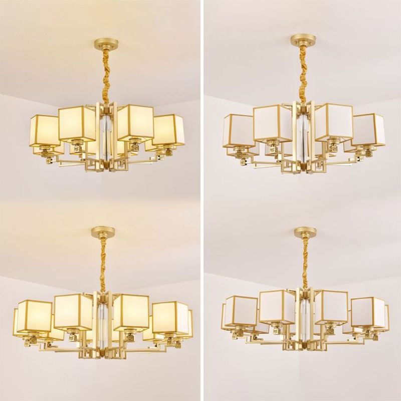 Brass Square Suspension Light Traditional Fabric Lobby Chandelier Light Fixture