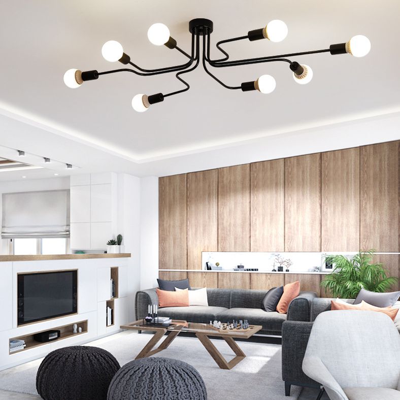 Luz de techo de semi rascilla estilo loft starburst starburst metal luminato de montaje semi descarte en negro