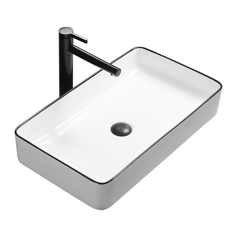 Modern Bathroom Sink Rectangular Porcelain Trough Sink with Pop-Up Drain