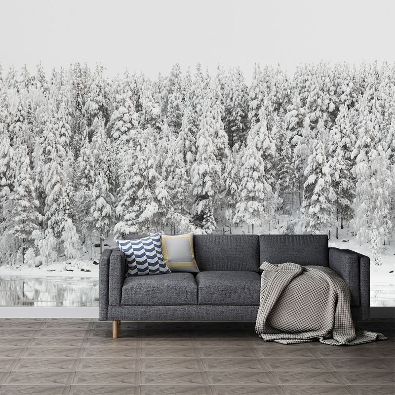 Modern Riverside Snowy Forest Mural Above Bed Personalized Size Wall Art in Grey