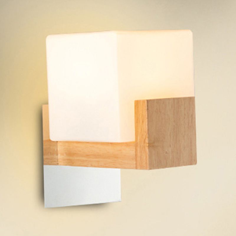 Modern Style Square Shade Wall Light Wood 1 Light Sconces for Bedroom