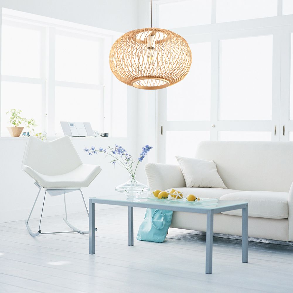 Bamboo Rounded Drum Pendant Lighting Asian Style 1 Bulb Hanging Lamp for Living Room, 16"/19.5" Wide