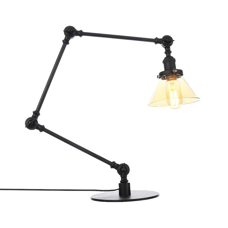 Table conique de style industriel clair Ambre / verre transparent et métal 1 lampe de table de chambre à coucher légère avec bras réglable en noir / laiton